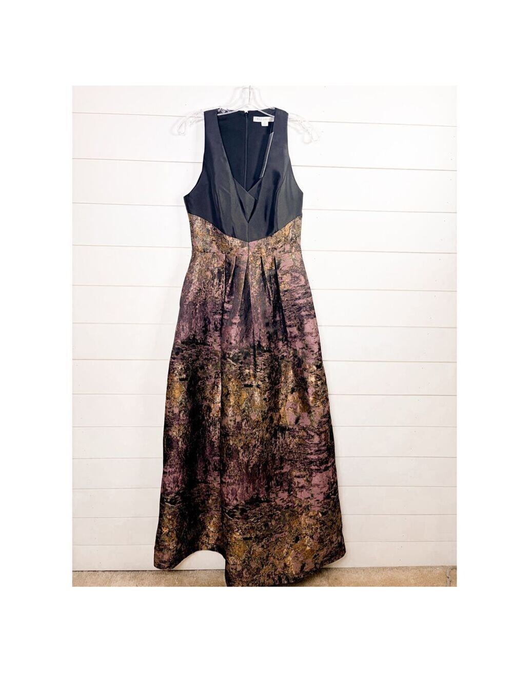 NWT Kay Unger Women's Sleeveless Pleated Front Jacquard Gown Carbon Multi Size 6